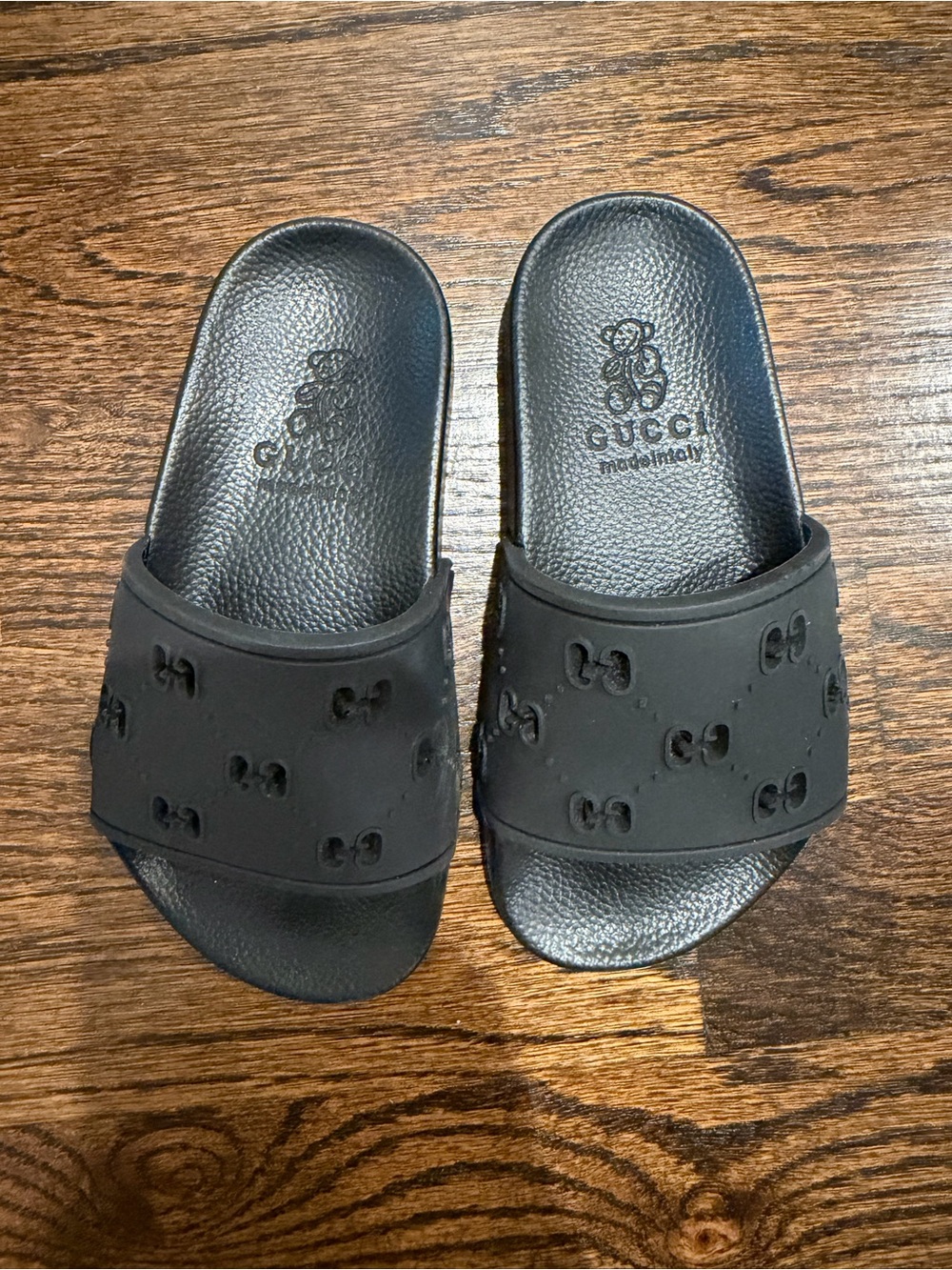Gucci Matte Black Embossed GG Slide Sandals unisex